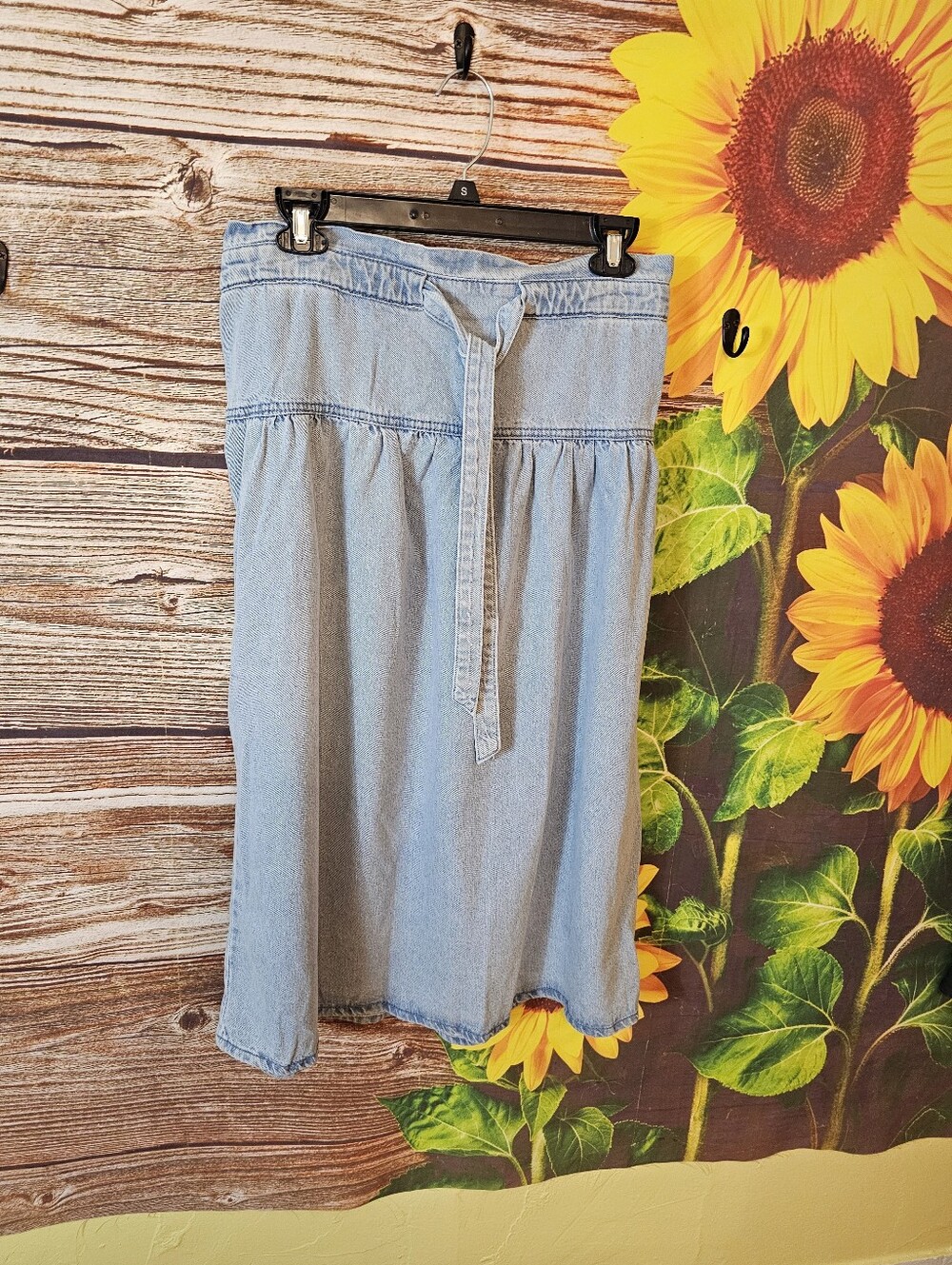 Light Blue Denim Midi Skirt with Tie Waist